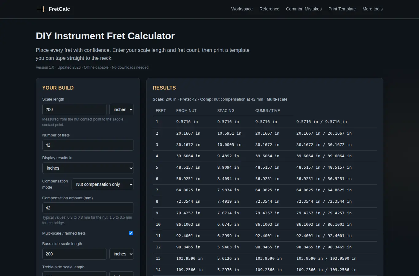 Screenshot of DIY Instrument Fret Calculator interface showing the project page in use
